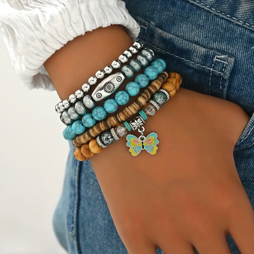 🔴 5 for $10 ONE Elegant Bluish Gray Wooden Beaded Bracelet - Picture 15 of 16